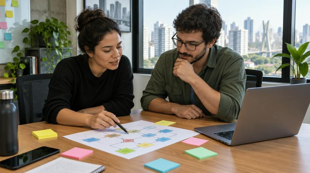 Dois colegas em um escritório claro analisando um fluxo de trabalho desenhado em papel com post-its sobre a mesa.