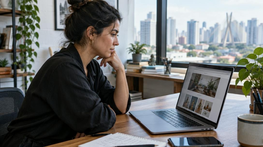Empreendedor em escritório iluminado analisando o site da empresa no notebook.