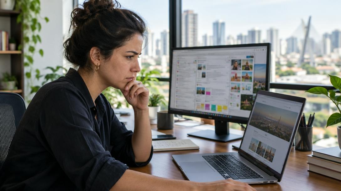 Empreendedora em escritório de São Paulo analisando com atenção um site em um notebook, com uma segunda tela mostrando uma página poluída.