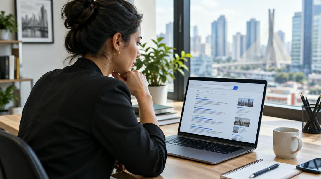 Empresária analisando resultados de busca em um notebook sobre a mesa de um escritório iluminado.