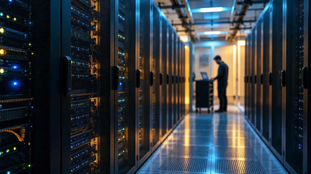 Corredor de um data center com racks iluminados e um técnico ao fundo.