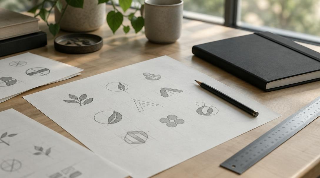 Mesa de designer com esboços impressos de logotipo, lápis, régua e caderno preto sob luz natural.