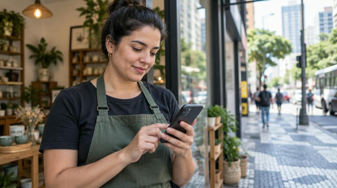 Dona de uma pequena loja em São Paulo consultando a ficha da própria empresa no celular, com a vitrine ao fundo.