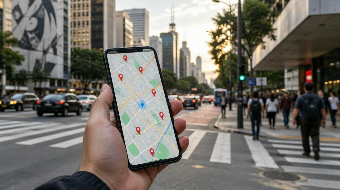 Mão segurando um celular com mapa e marcadores de localização em uma esquina movimentada de São Paulo, ao entardecer.