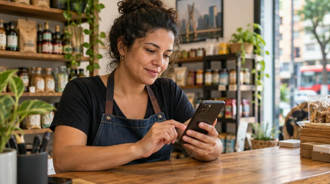 Dona de loja em São Paulo conferindo resultados de busca no celular, sobre um balcão de madeira, com produtos desfocados ao fundo.