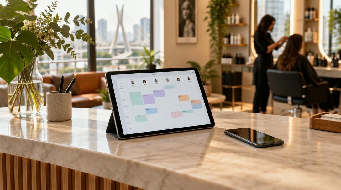 Balcão de recepção de um salão com tablet exibindo uma agenda semanal e um celular ao lado, em luz natural.