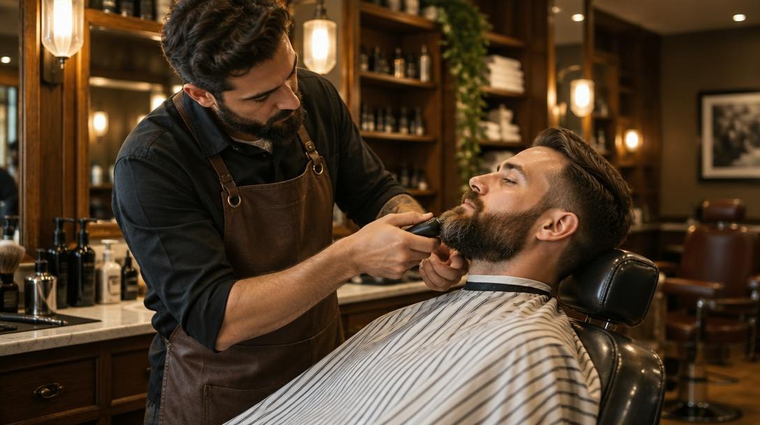 Barbeiro aparando a barba de um cliente numa barbearia clássica com luz quente e cadeira de couro.