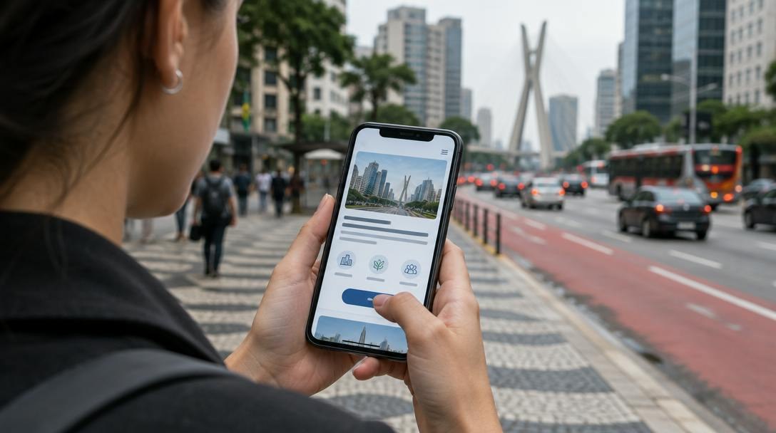 Pessoa em rua de São Paulo segurando um celular com um site aberto, prestes a tocar em um botão.