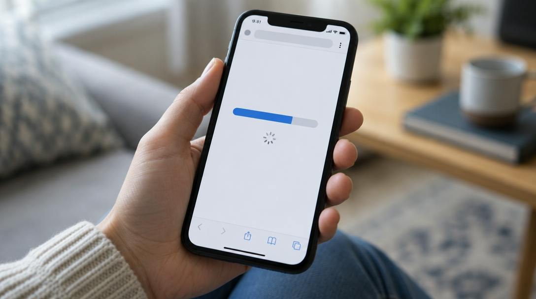 Mão segurando um celular com uma página carregando, com barra de progresso na tela.